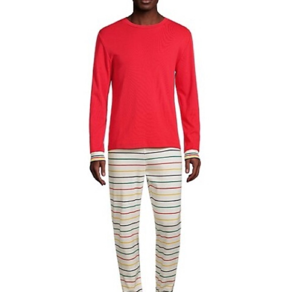 Men's 2-Piece Set Family Pyjama Program Red Long Sleeve Top with Striped Pants